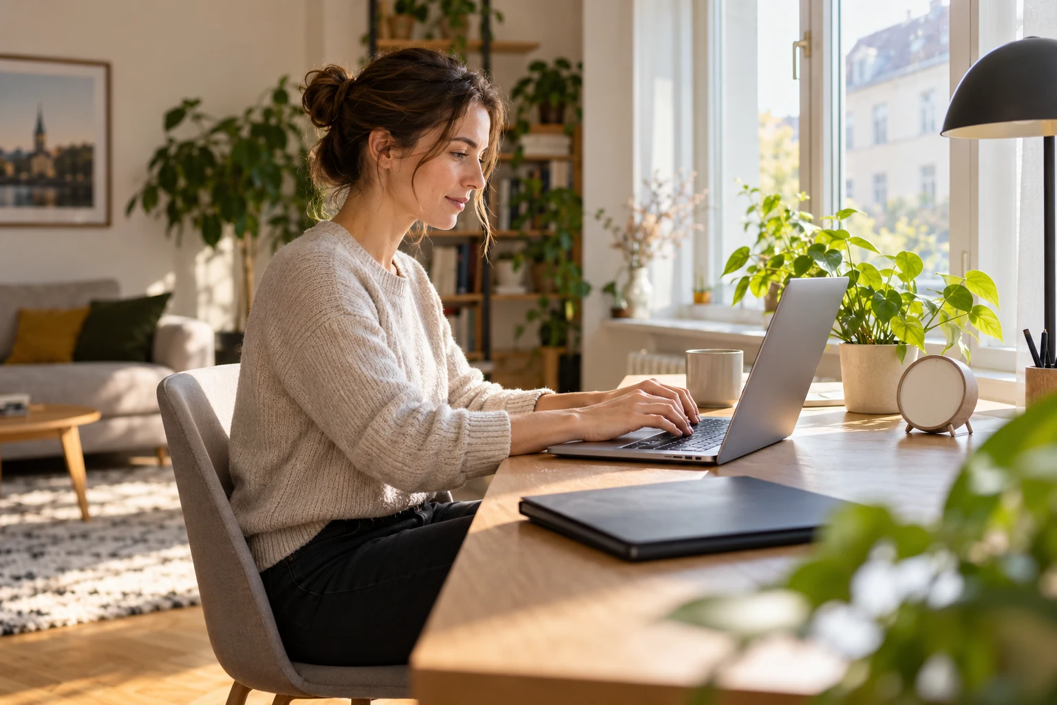 Arbeitnehmerin an einem Arbeitsplatz im Homeoffice